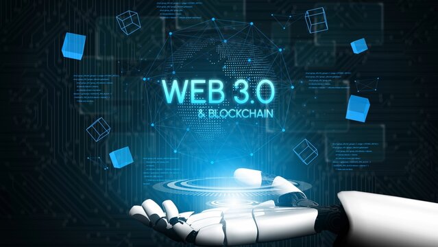 Futuristic Robot Hand Presenting Web 3.0 Concept with Blockchain Innovations and Digital Connections in a Technology Environment. Entropy.