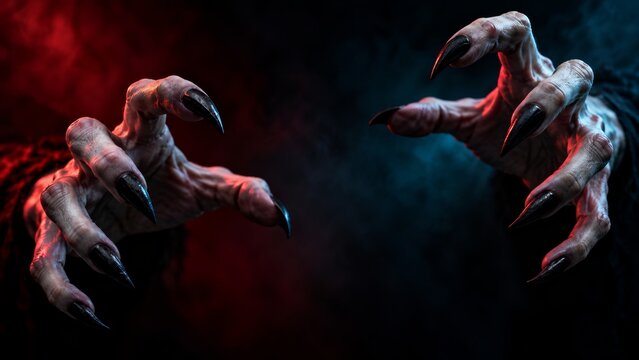 Monstrous clawed hands reaching forward from darkness. Horror and creature feature concept. Halloween, fear and suspense. Dark fantasy illustration with copy space
