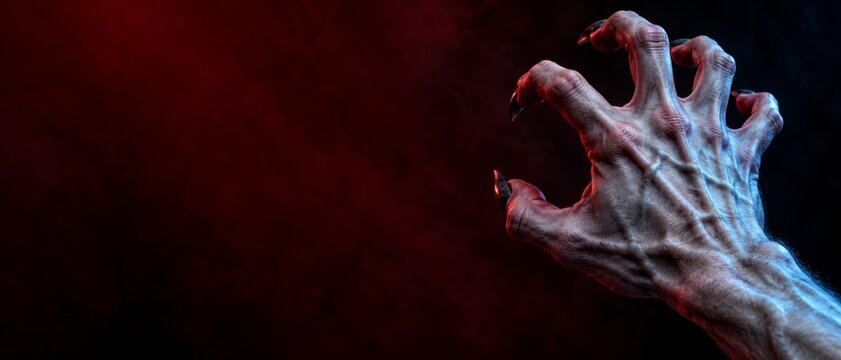 Clawed monster hand reaching from darkness. Horror and Halloween concept. Creature attack, danger and fear. Dramatic red and purple fantasy artwork with copy space. Banner format