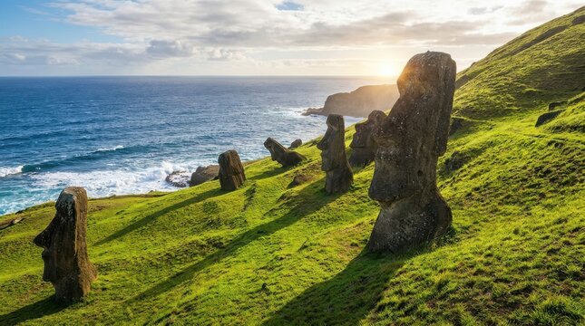 Ancient Stone Monolith Statues on Grassy Coastal Cliffside