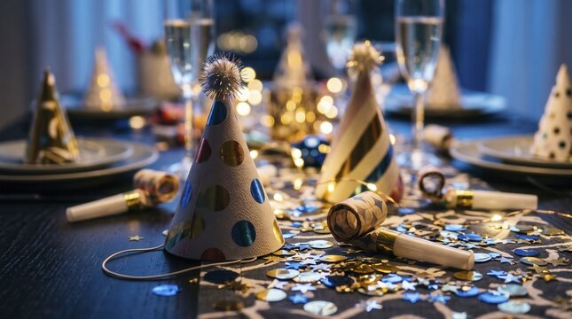 Glittering party hats and confetti cover banquet table arranged for cheerful evening gathering. Festive cone hats rest near sparkling star sequins, paper blowouts and full wine glasses.