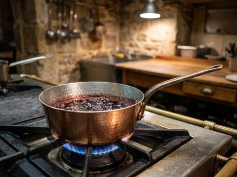 Simmering Dark Berry Jam in Copper Pot on Gas Stove