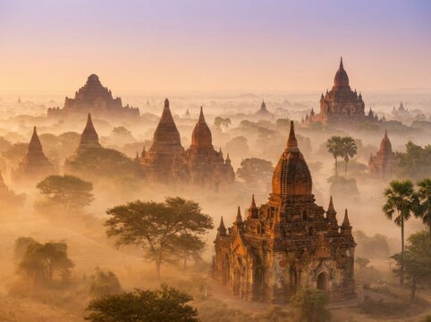 Ancient Buddhist Pagodas and Temples in Misty Morning Light