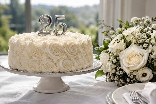 White rose frosted cake with silver twenty five numerals beside white bouquet