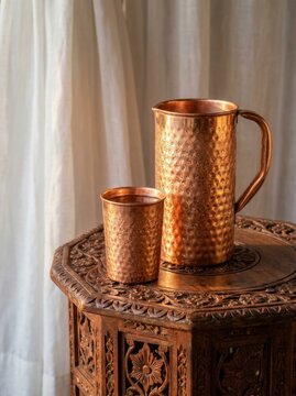 Hammered Copper Water Pitcher and Matching Glass on Carved Wood