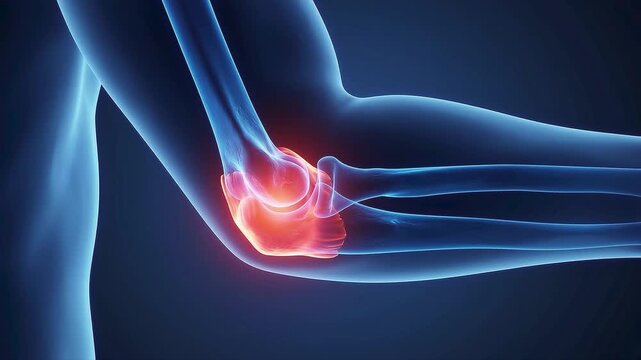 3D Medical Illustration Showing Pain or Inflammation in a Human Elbow Joint with Red Highlighted Area on Blue Skeletal Background