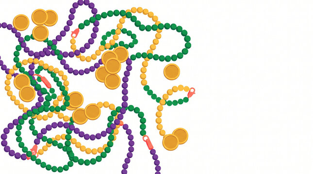 Colorful beads and doubloons scattered on a white background  
