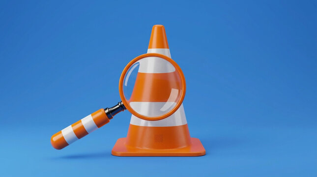 Magnifying glass on traffic cone concept of inspection safety or search for errors