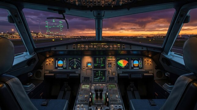 Modern Commercial Airplane Cockpit Interior During Golden Hour Sunset