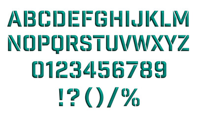 Teal stencil font alphabet, numbers and punctuation marks isolated on transparent background © sini