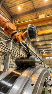 Industrial Robotic Arm Winding Carbon Fiber on Large Metal Cylinder