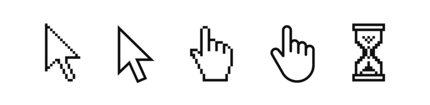Computer mouse cursor pointer hand pixel hourglass line icon set