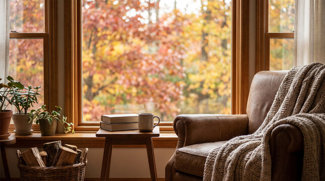Cozy reading nook with leather armchair, warm blanket, books, and coffee by a window in autumn