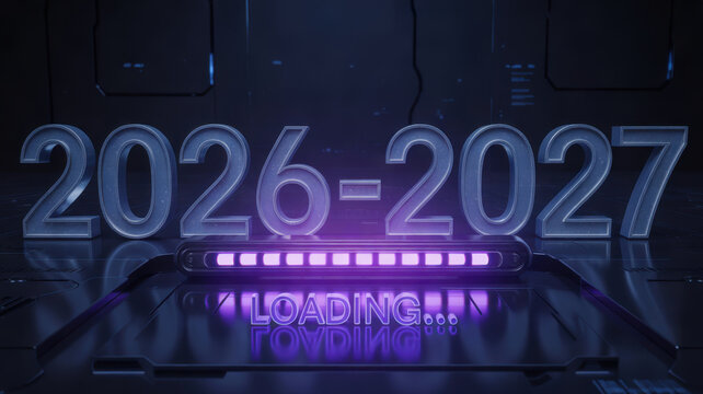 Futuristic loading bar shows 2026 transitioning to 2027