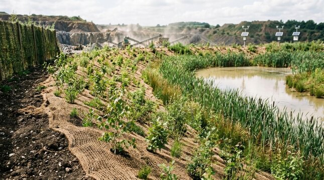 Biodiversity conservation in a reclaimed quarry with erosion control mesh, saplings, wetland reeds, sediment pond, and solar monitoring equipment