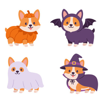 Set of cute corgi dogs in Halloween costumes, cartoon style vector illustration