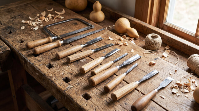 Woodworking tools and gourds arranged on a rustic wooden workbench in a workshop