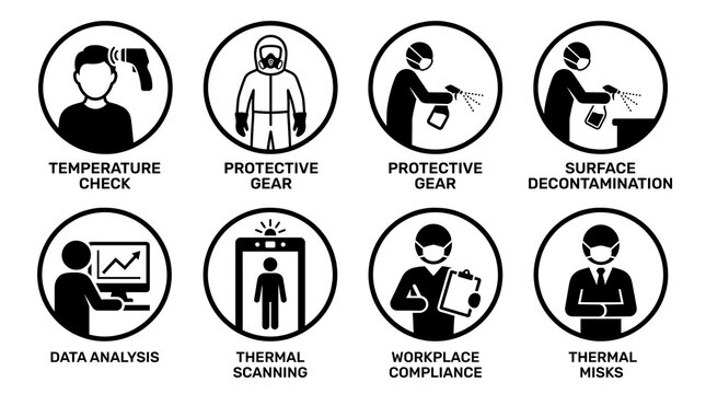 COVID-19 safety icons set, essential pandemic prevention measures, health and safety protocols, workplace compliance graphics