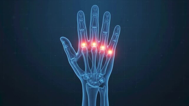 3D medical illustration of a human hand skeleton with red glowing inflammation points on knuckles representing arthritis and joint pain on a dark blue technological background.
