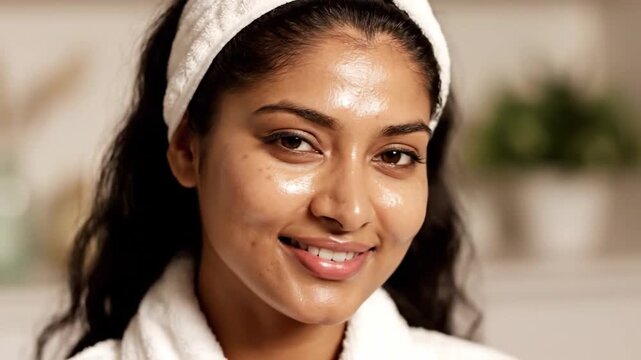 Young woman with white headband applies facial skincare and smiles, calm in spa setting. Beauty routine continues as woman smooths cream over cheek, showing relaxed, polished skin care moment.