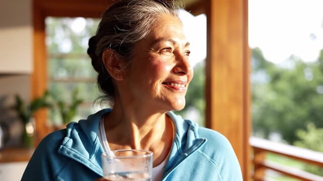 Smiling woman drinks from glass of water in bright home kitchen. Middle aged woman in blue hoodie turns toward window light, ending calm hydration moment with refreshed, content expression.