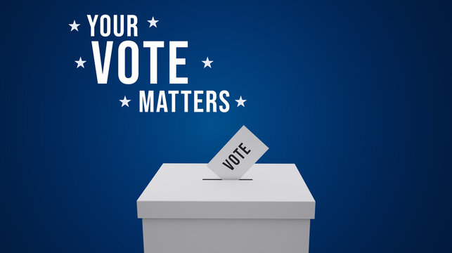 3D voting concept with ballot box and Your Vote Matters text on dark blue background, American election civic participation design