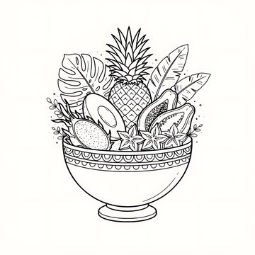 Hand drawn illustration of a decorative bowl filled with various tropical exotic fruits and palm leaves