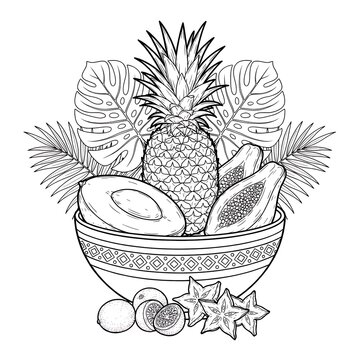Handdrawn black and white line art illustration of tropical fruits in a decorative bowl with exotic foliage
