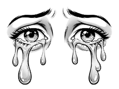 Comic Crying Eyes with Halftone Dot Screentone Tears for Melodramatic Vintage Pop Art Romance Grief Vector Clipart