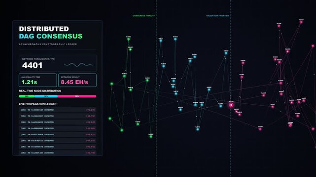 Animated futuristic Directed Acyclic Graph (DAG) visualizing asynchronous cryptographic consensus, blockchain alternatives, and transaction throughput with glowing organic nodes.