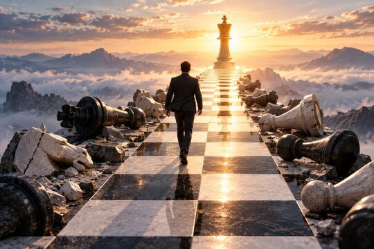 Businessman crossing chess battlefield