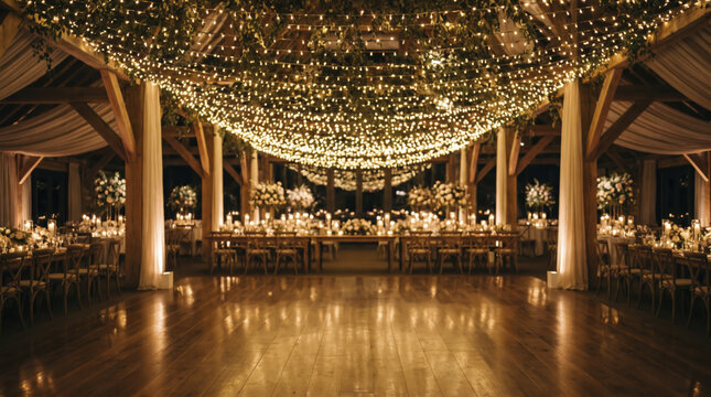 Polished wedding dance floor extends across rustic timber barn under glowing canopy of fairy string lights. Elegant reception hall displays decorated tables ready for evening celebration.