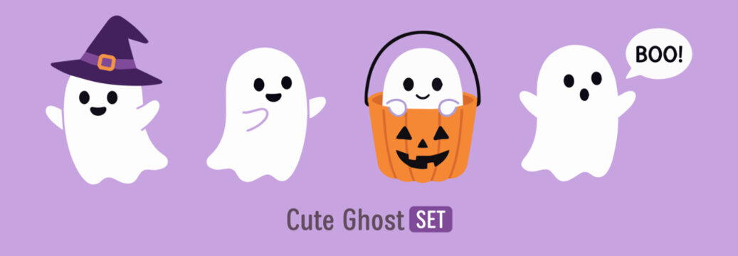 Cute Halloween ghost set isolated on purple background. Flat vector illustration.