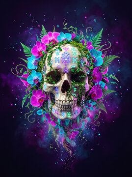 Voodoo Skull Floral Art &ndash; Mystic Runic Skull & Neon Orchids Canvas Print