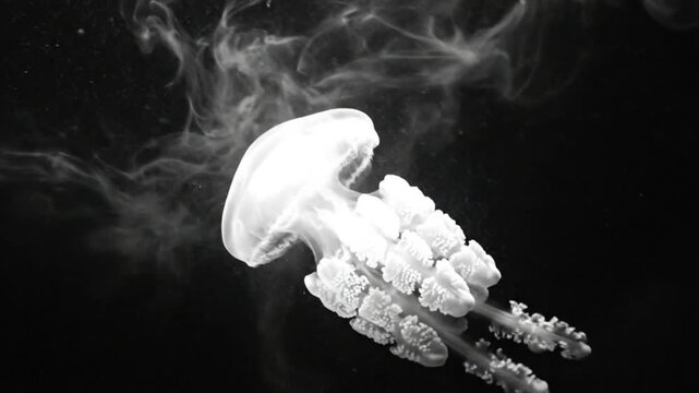 Luminous upside down jellyfish drifting gracefully in the dark depths of the ocean illuminated with an ethereal glow