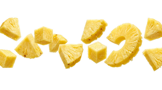 Flying pineapple chunks and slices isolated on transparent