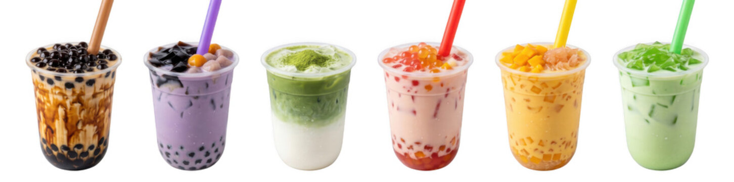 Assortment of colorful bubble tea drinks with tapioca pearls in clear cups with straws