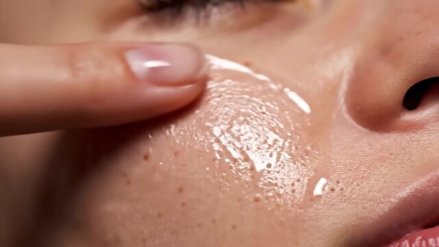 Young woman massages clear skincare cream over face, spreading product in closeup with gentle fingertip strokes. Woman appears concentrated in modern beauty routine, leaving skin glossy and fresh.