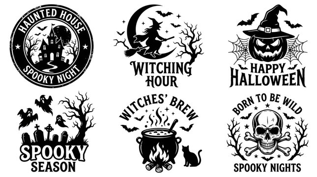 Halloween Vintage Badge and Typography Set with Witch, Haunted House, Bats, Skull and Moon, Spooky Night Party Labels, Retro Horror Emblems and Holiday Vector Collection