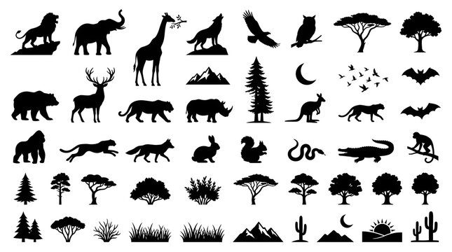 Collection of wild animals and nature black silhouette icons