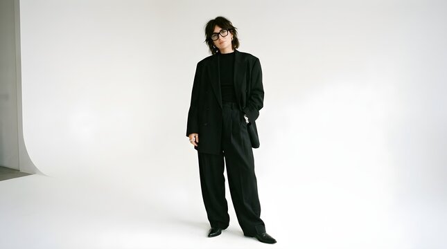 Full body portrait of fashionable young man in black outfit with long hair