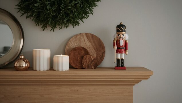 A wooden nutcracker sitting on a mantle, perfect for holiday decorations or as a centerpiece