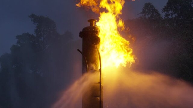 Fire firefighting accident blaze rescue near burning utility pole and industrial tank at night with powerful water spray battling flame and smoke during urgent emergency response scene