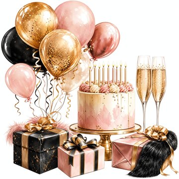 Champagne Gold, Blush And Black Balloons With Curling Ribbons