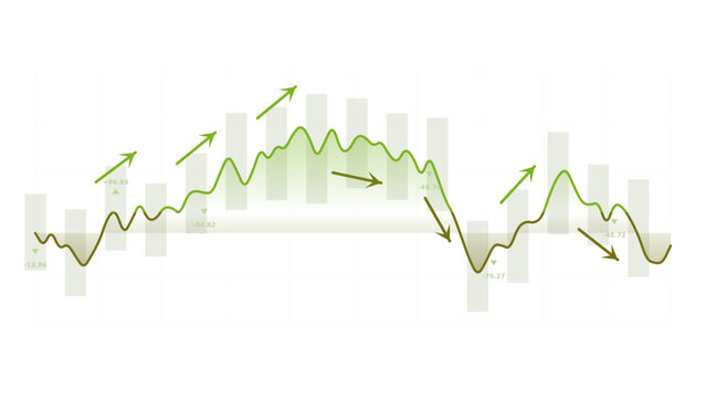 Vector image of Green financial data visualization chart, stock market trend graph with growth arrows, statistical analysis vector for business reports isolated on Transparent Background