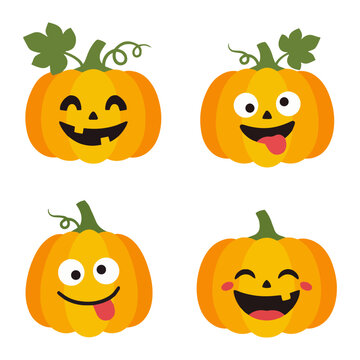 Set of funny Halloween pumpkin with happy faces, isolated on white background. Flat vector illustration.