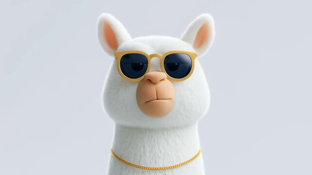 Cool and funny cartoon llama with sunglasses and a gold chain looking at the camera, nodding its head with a serious expression. Playful 3d animated character isolated on a white background