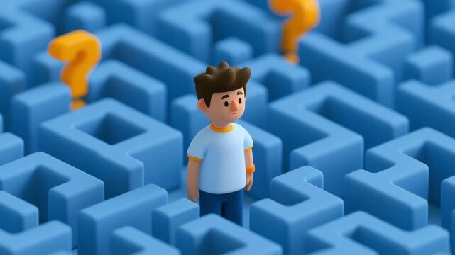 Confused young cartoon character standing in a complex blue maze with question marks, looking around for a solution to the intricate puzzle and symbolizing the search for direction and answers