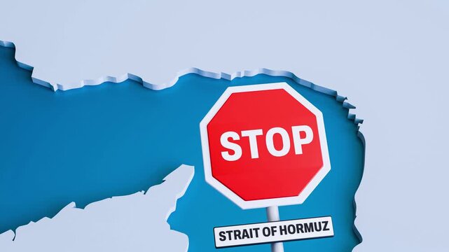 4K 3D video animation of a red stop sign over the Strait of Hormuz map illustrating maritime restrictions, shipping disruption, geopolitical tensions, and global energy security with smooth camera zoo