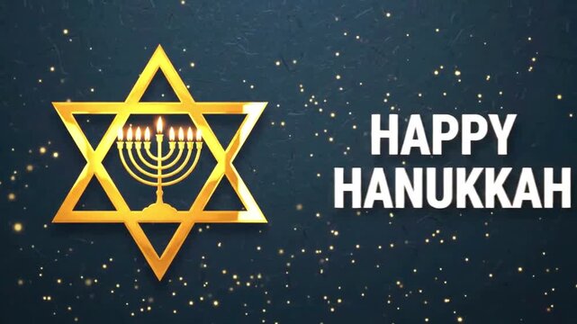 Happy Hanukkah greeting card with golden star of David and menorah